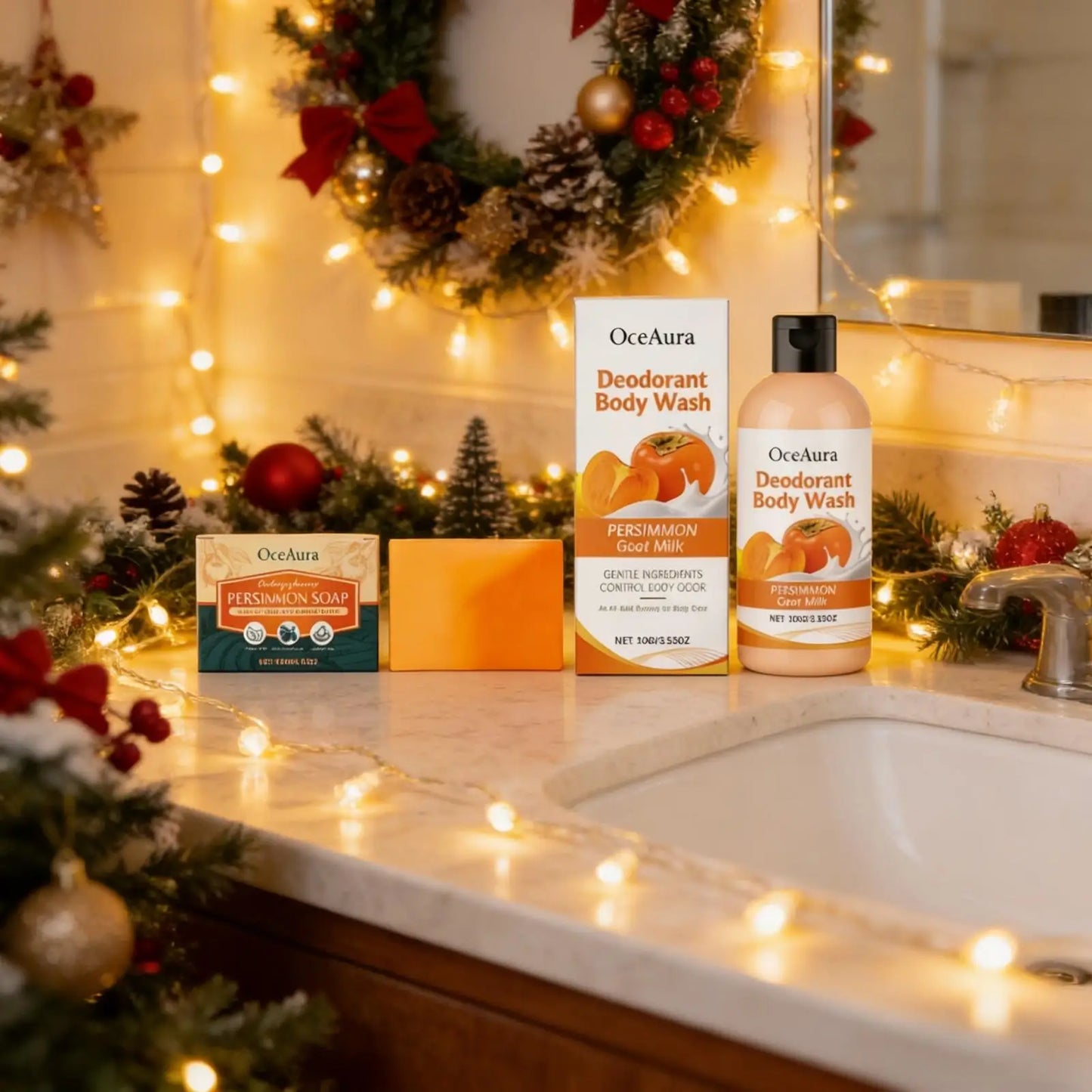 OceAura Persimmon Soap Bar for Body Odor Control Deodorant Professional Skin Cleaning Goat Milk Body Wash Persimmon Shower Gel