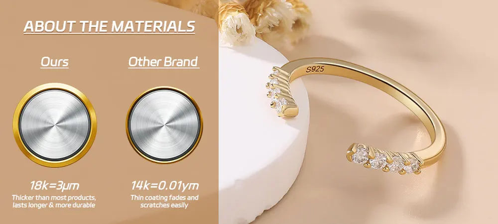Pretty Beauty S925 Sterling Silver Moissanite Open Ring Wedding Band Gold Plated Trendy Jewelry Gifts for Women Birthday Party