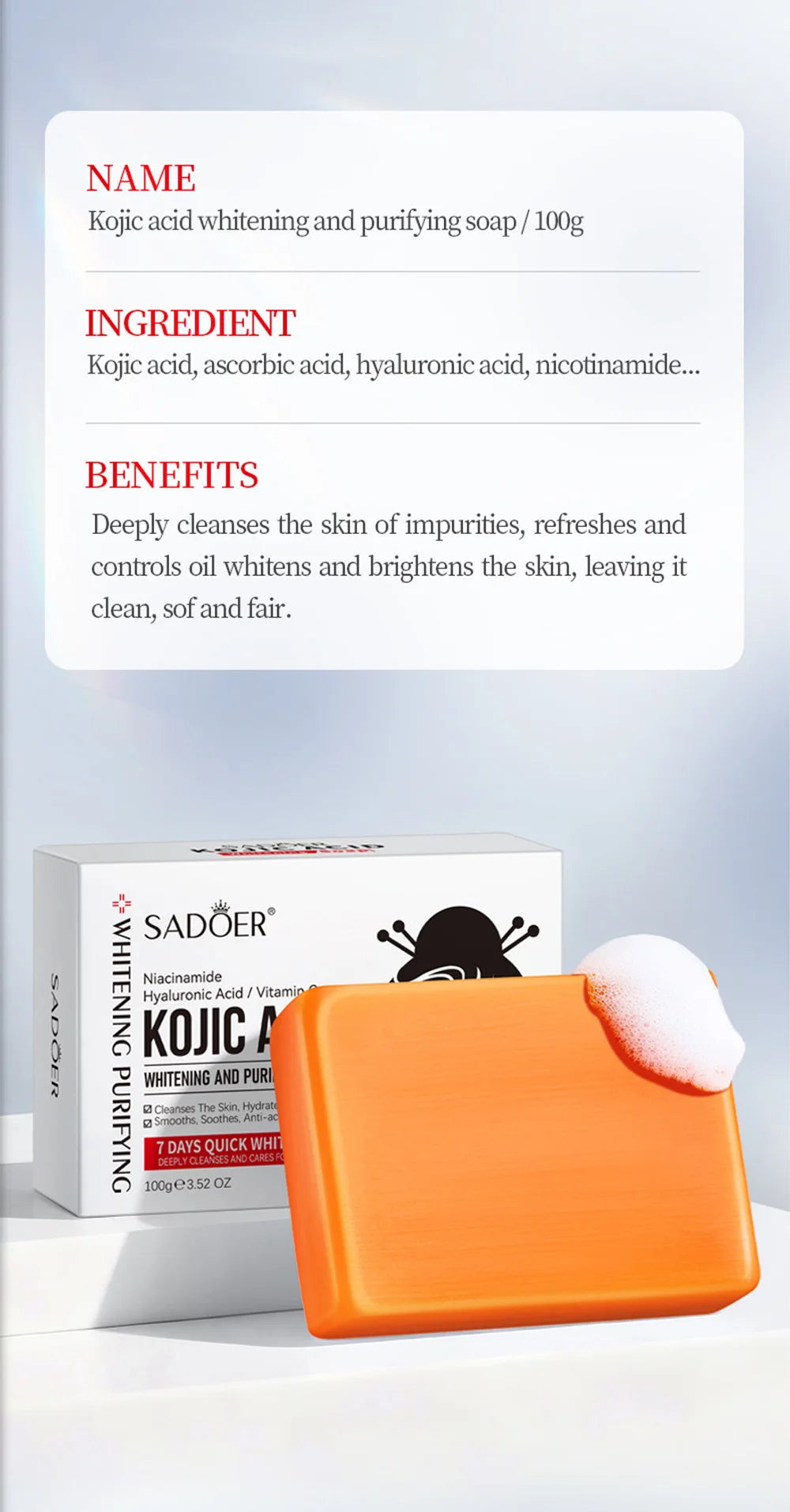 Kojic Acid Whitening Cleansing Soap, Facial And Body Soap Containing Niacinamide And Hyaluronic Acid, With A Foaming Net.