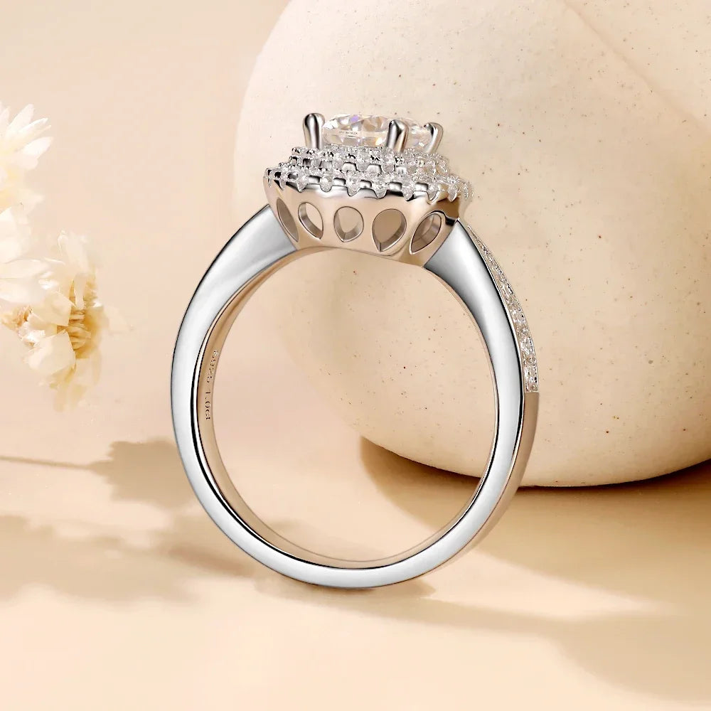 Pretty Beauty 1CT Round Moissanite Double Halo Engagement Ring for Women S925 Silver Wedding Promise Ring Anniversary Jewelry
