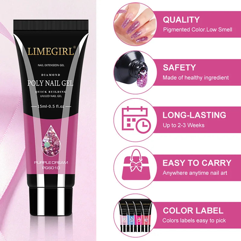 15ml Poly Nail Gel Complete Set for Nail Extension Glitter Solid Color Gel Polish Kit Quick Extension Gel Soak Nail Art DIY Nail