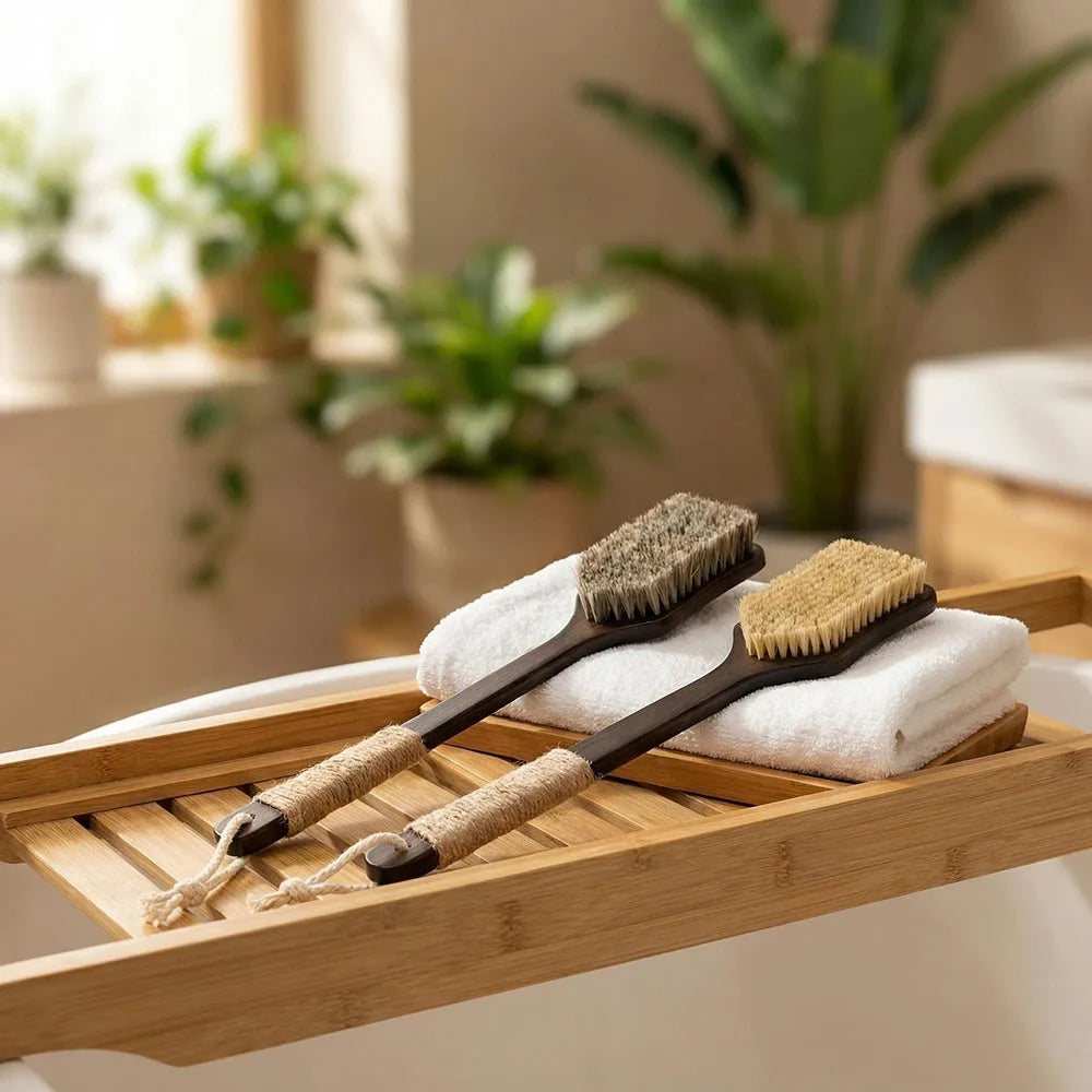 Extra Long Body Hard Brush with Wooden Handle for Bathing, Soft Bath Brush for Scrubbing Mud, Drying Brush for Scrubbing Back
