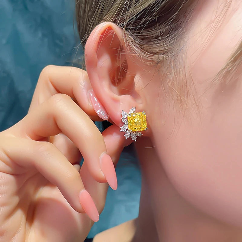 Huitan Sparkling Square Yellow Cubic Zirconia Stud Earrings for Women Wedding Party Luxury Trendy New Accessory Fashion Jewelry