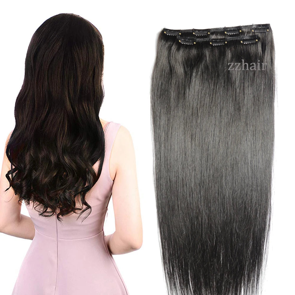 ZZHAIR 100% Human Remy Hair Extensions 2pcs Set 16"-28" 100g-200g  Clips-in Two Pieces Natural Straight 1x20cm 1x15cm