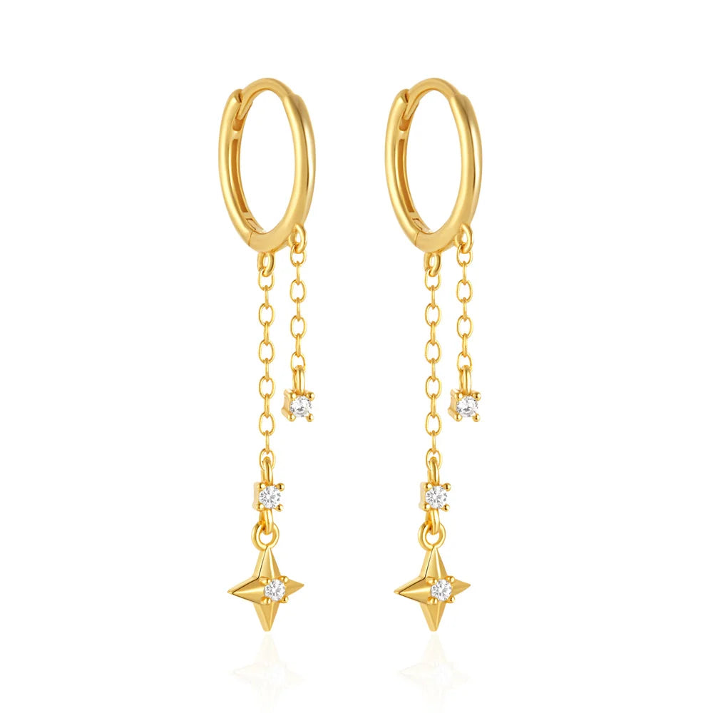 CANNER Eight Pointed Star Moon Tassel Zircon 925 Sterling Silver Drop Earrings For Women Ins Pearl Flower Minimalism Earrings
