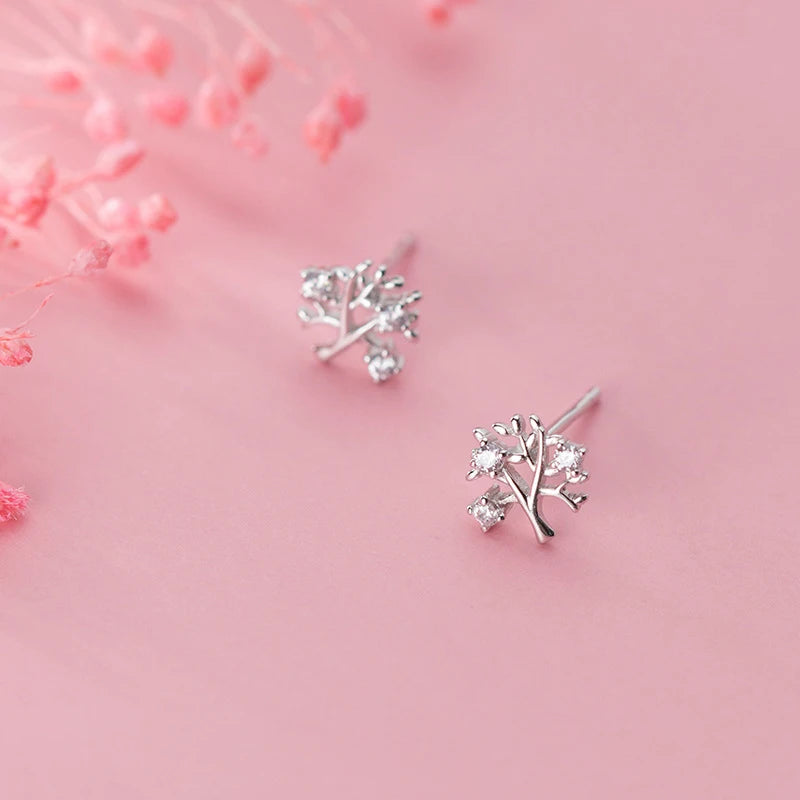 MODIAN Dazzling Clear CZ Lovely Tiny Tree Branch Stud Earring for Women 925 Sterling Silver Plant Ear Pin Fine Jewelry Brincos