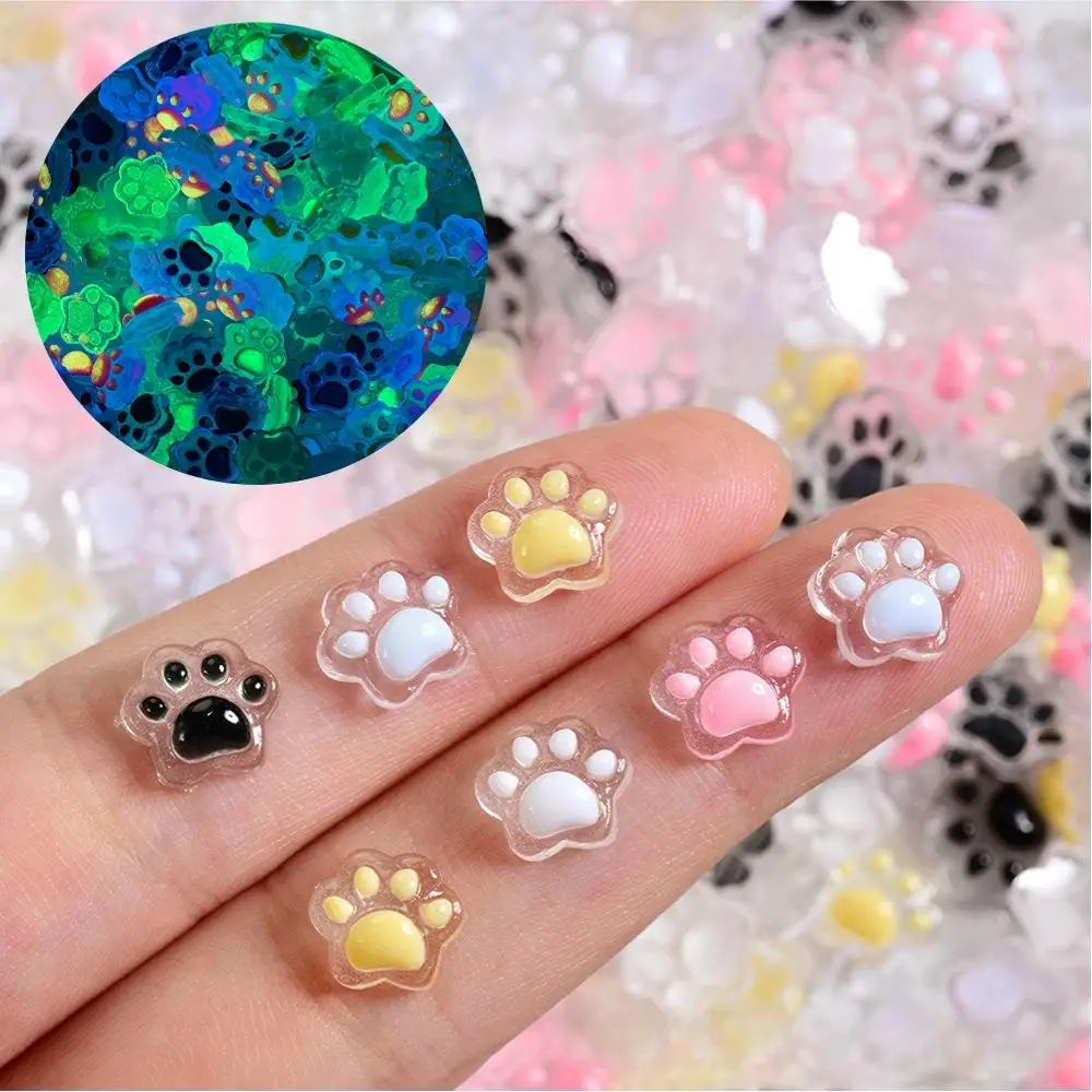 50Pcs 3D Luminous Cat's Paw Nail Charms Cute Resin Cat Paws Y2K Nail Art Decorations DIY Hair Clip Crafts