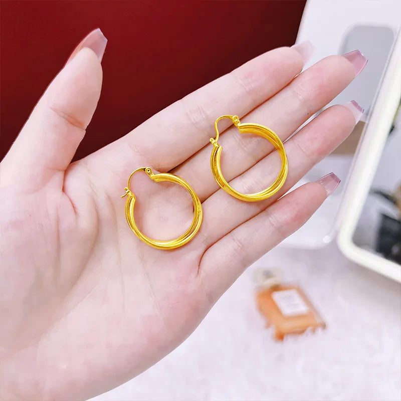 Stylish Double Hoop Earrings Women's 24K Gold AU999 - Minimalist double hoops, trendy, women's 24K gold style