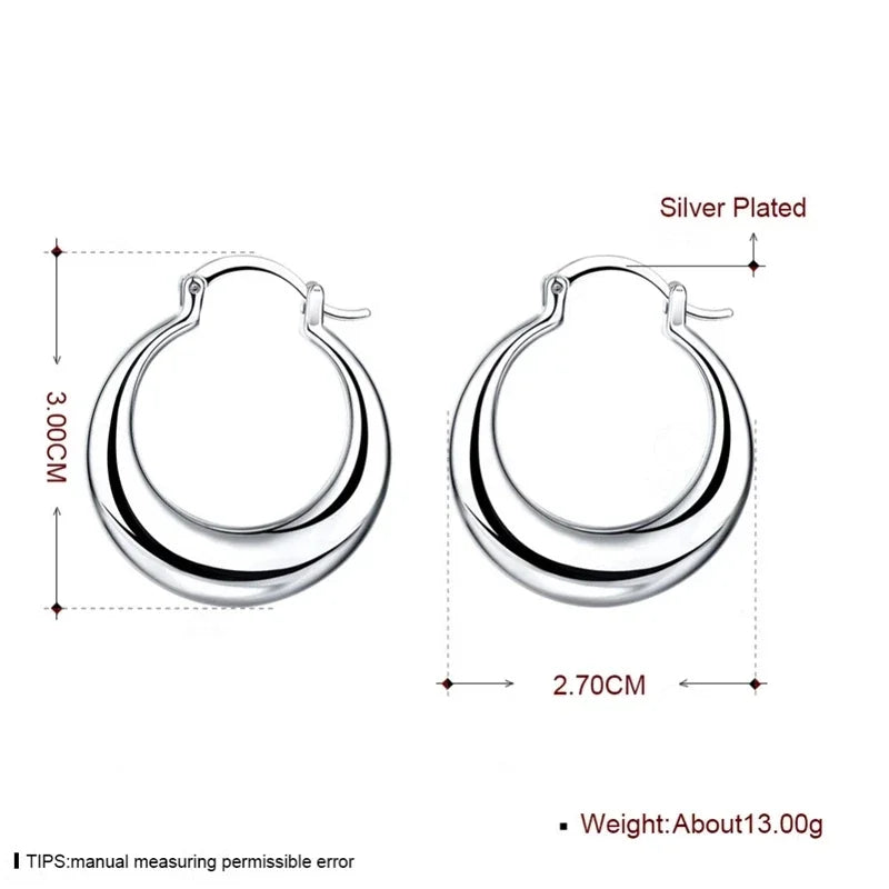 Hot  Women 925 Sterling Silver 3cm round big hoop Earrings Fashion Beautiful Crescent party wedding Gifts Engagement Jewelry