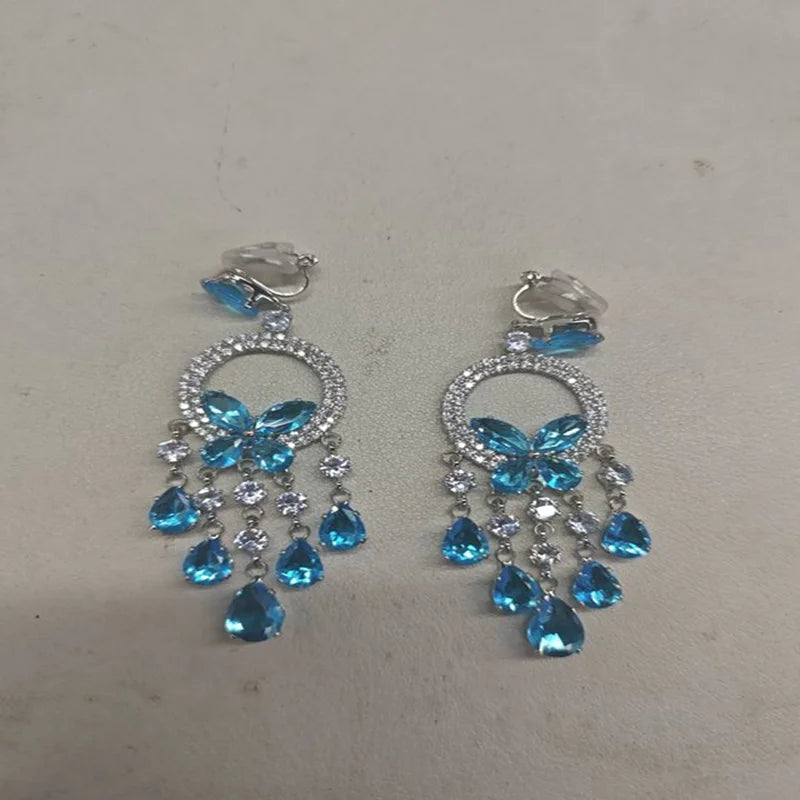 Creative Round Butterfly Earrings for Women Sparkling Rhinestone Water Drop Tassel Earring Elegant Fashion Jewelry Dress Gift C1