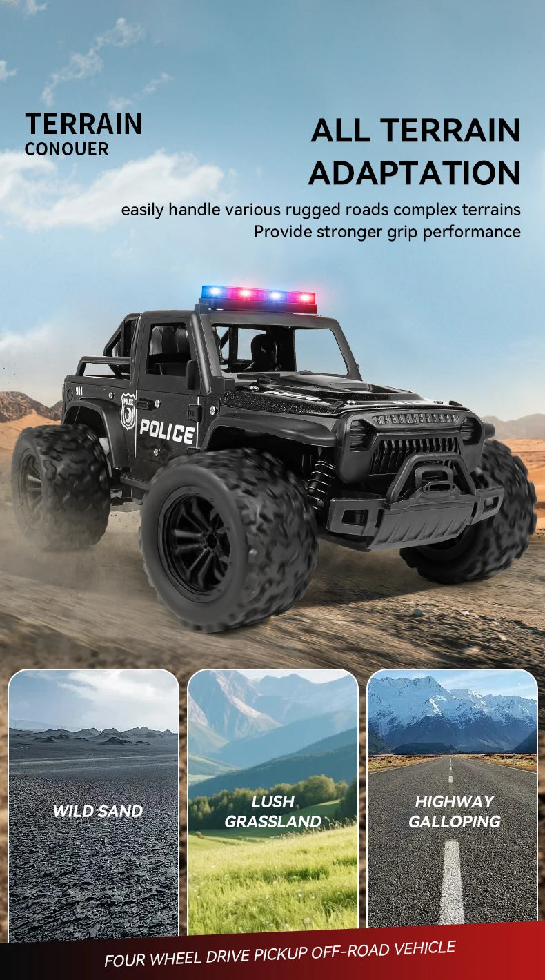 1:16 Alloy High Speed Off-Road Police Truck RC Car with Music Sound and LED Lights Outdoor Toy 2.4G Remote Control Cars