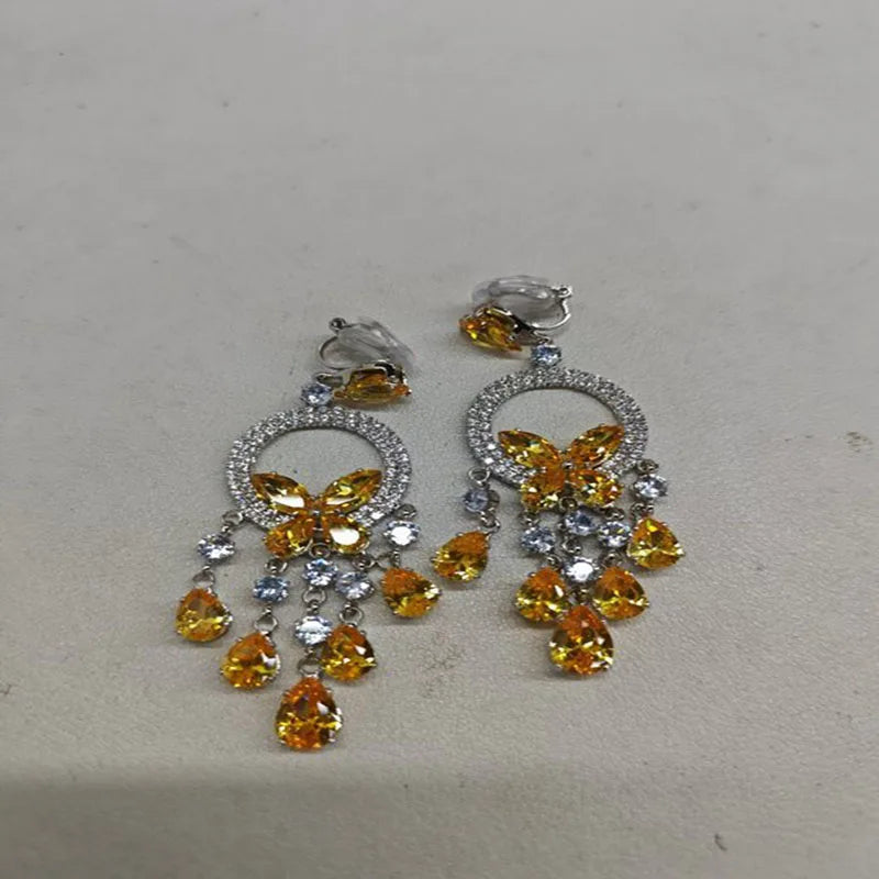 Creative Round Butterfly Earrings for Women Sparkling Rhinestone Water Drop Tassel Earring Elegant Fashion Jewelry Dress Gift C1