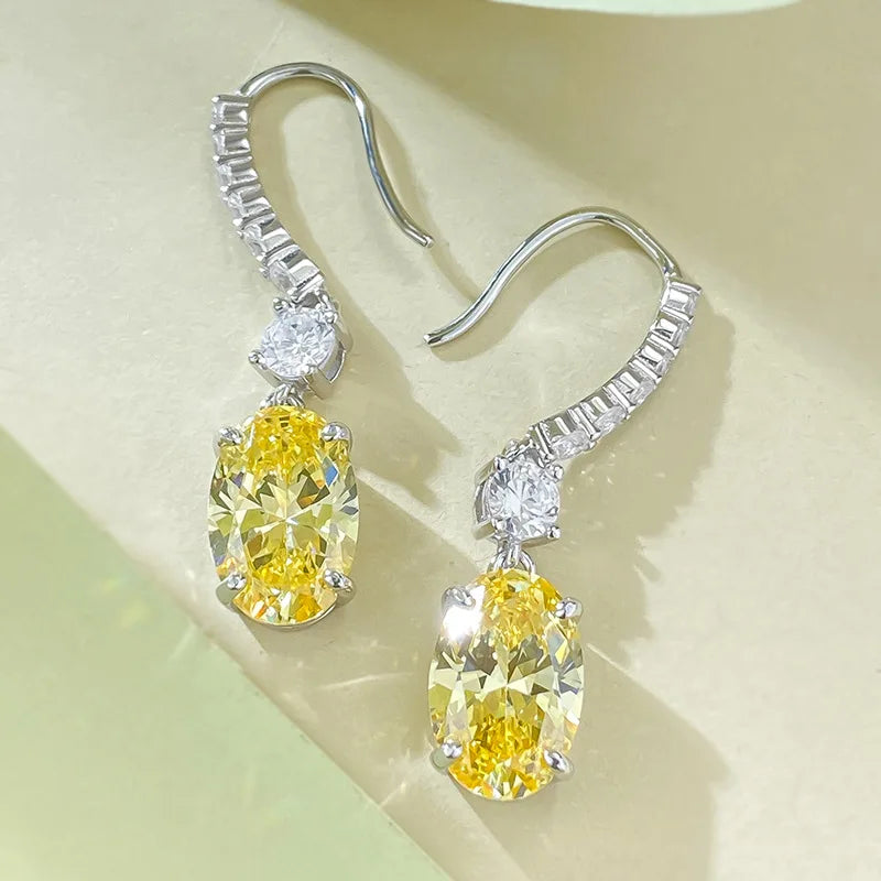 S925 Silver High Carbon Diamond Super Shiny Yellow Diamond Earrings 8 * 12 European and American Large Oval Earrings for Women