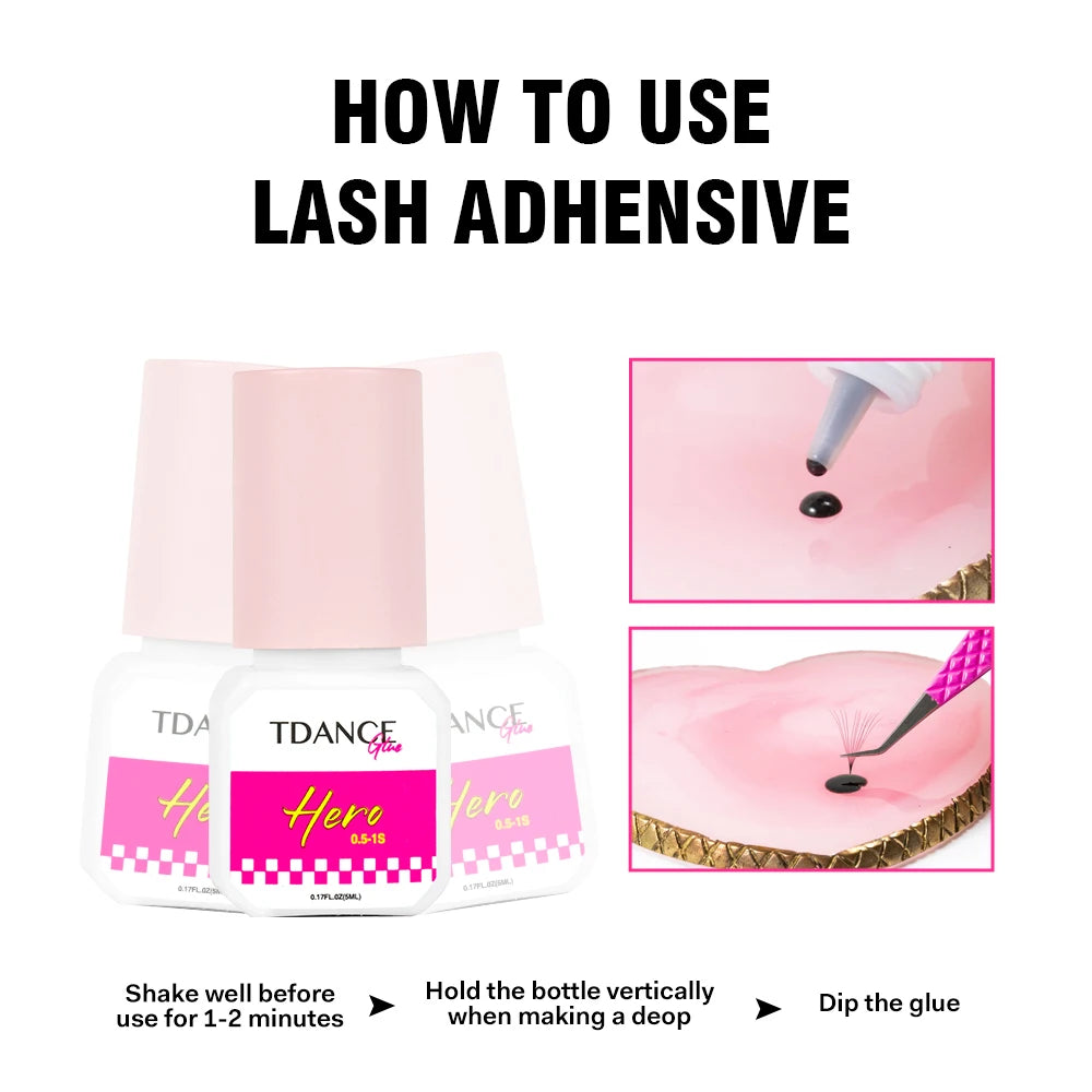 TDANCE Hero Glue 5ml 0.5-1 Second Fast Dry Eyelash Extension Adhesive Retention Extra Long Lasting Strong Low Smell Lash Glue