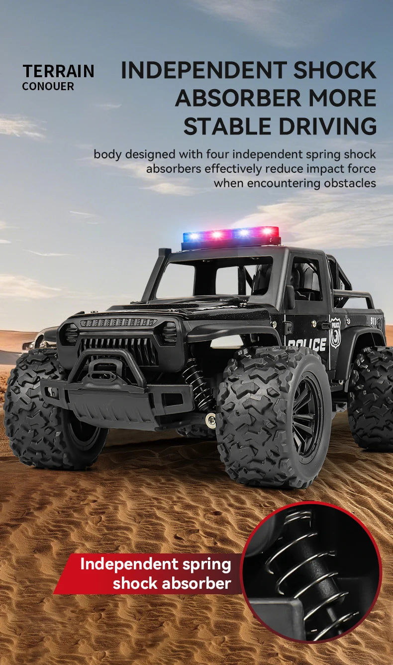 1:16 Alloy High Speed Off-Road Police Truck RC Car with Music Sound and LED Lights Outdoor Toy 2.4G Remote Control Cars