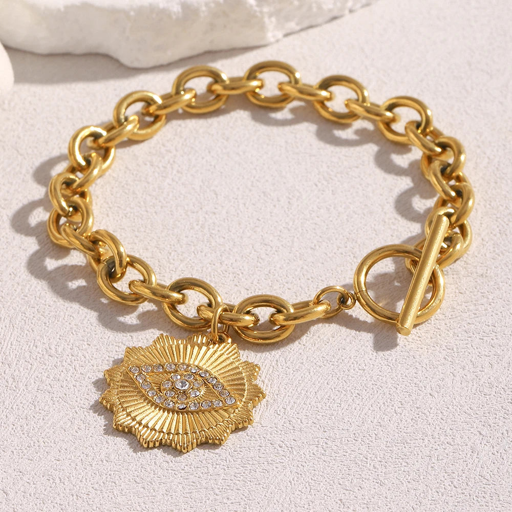 E.B.belle Stainless Steel Exaggerated OT Buckle Round Eye Pendant Bracelet 18K Gold Plated Women Girls Statement Jewelry