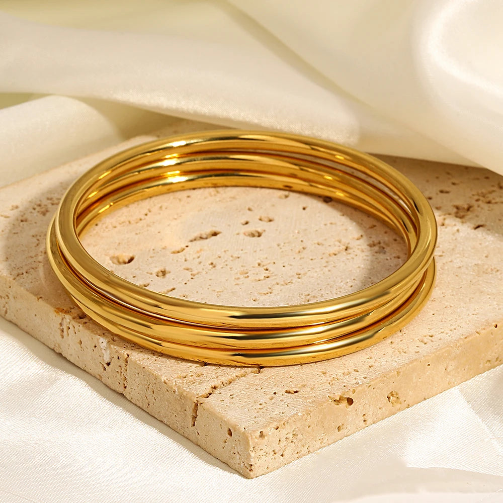 Greatera 3pcs/set Gold/Sliver Color Stainless Steel Bangle For Women Tide 2.7mm Wide Coil Multi-layer Plain Bracelet Jewelry