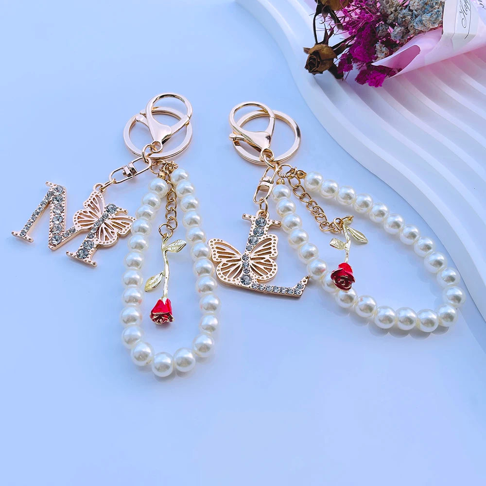 Exquisite Initial A-Z 26 Butterfly Capital Letters Red Rose Keyring Crystal Resin Pearl Beaded Keychain Bag Pendant Women Gift
