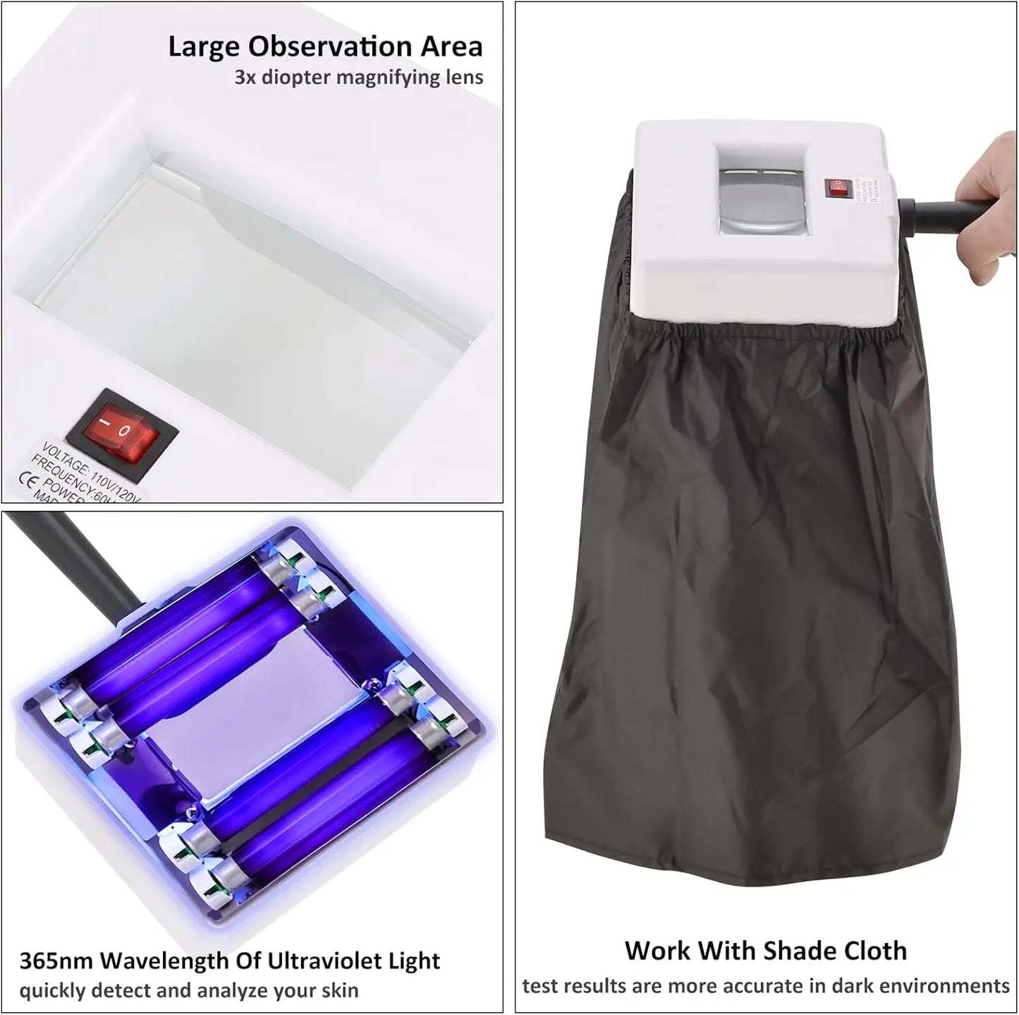 Woods Lamp Skin Analyzer,Magnifying Handle Woods-Lamp,UV Light for Facial Skin Analyze Facial Detector with Black Shade Cloth