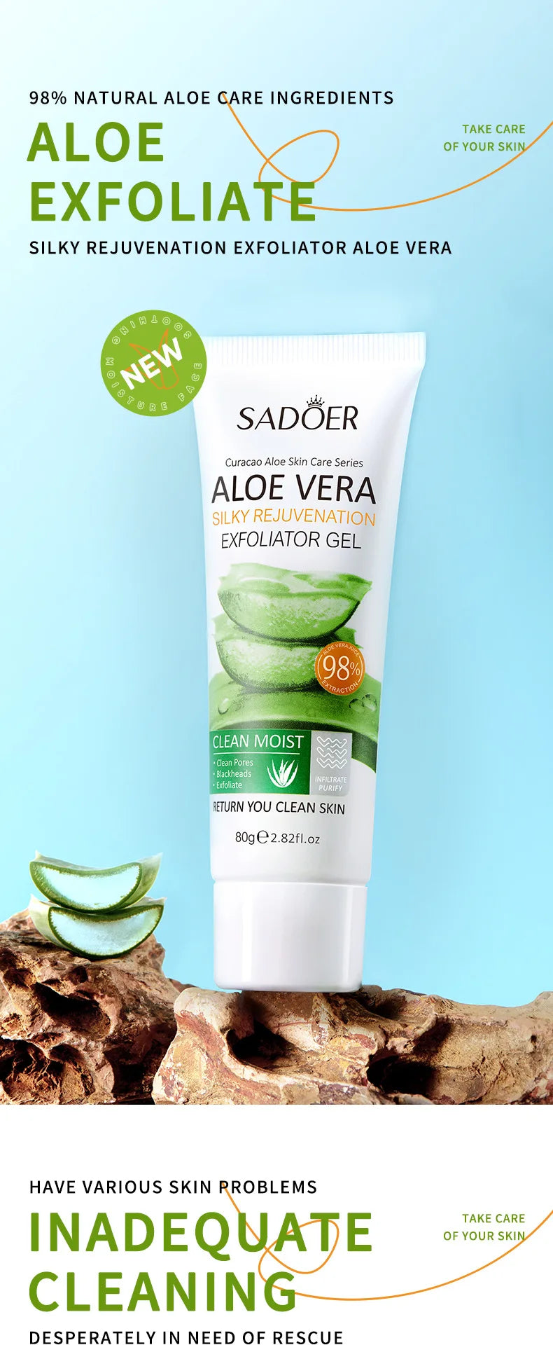 SADOER Exfoliating Aloe Vera Gel Facial Cleanser Deep Cleansing Exfoliant Gentle Moisturizing Face Exfoliation Facial Exfoliator