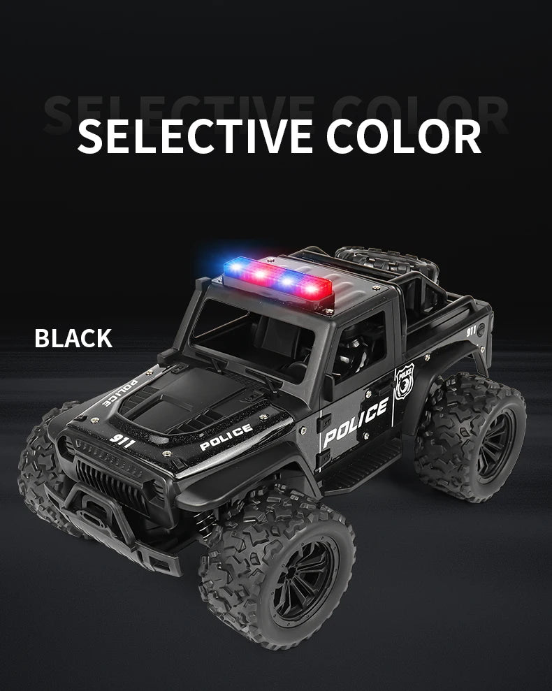 1:16 Alloy High Speed Off-Road Police Truck RC Car with Music Sound and LED Lights Outdoor Toy 2.4G Remote Control Cars