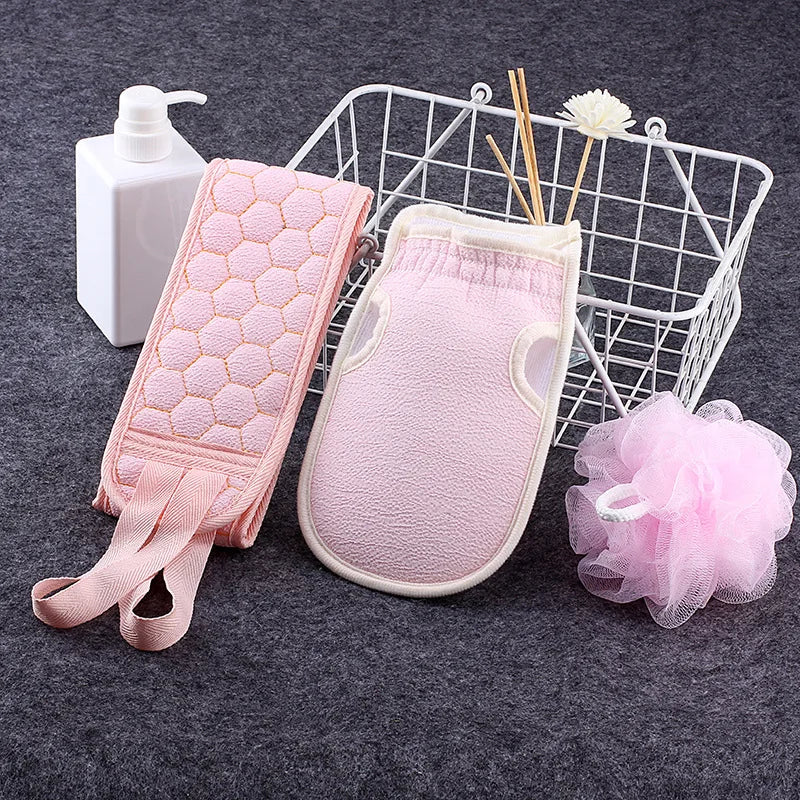3 Colors Three-piece Bath Set, Rub Bath and Bath Artifact, Household Long Rub Back Towel, Bath Gloves, Bath Flower Set