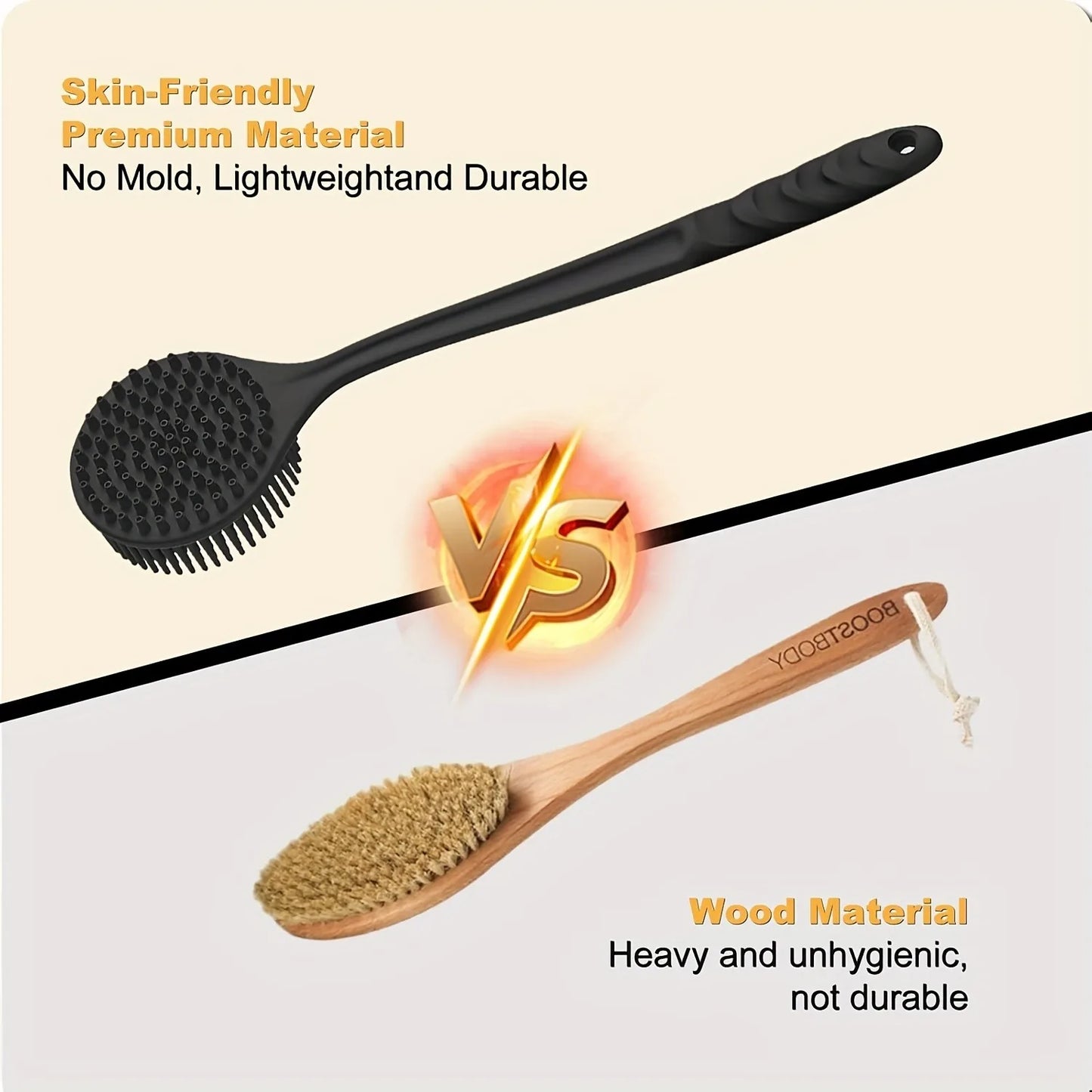 Silicone Back Scrubber Brush for Shower  Long Handle Body Deep Cleansing and Exfoliating Massage Double-Sided Soft Bristles