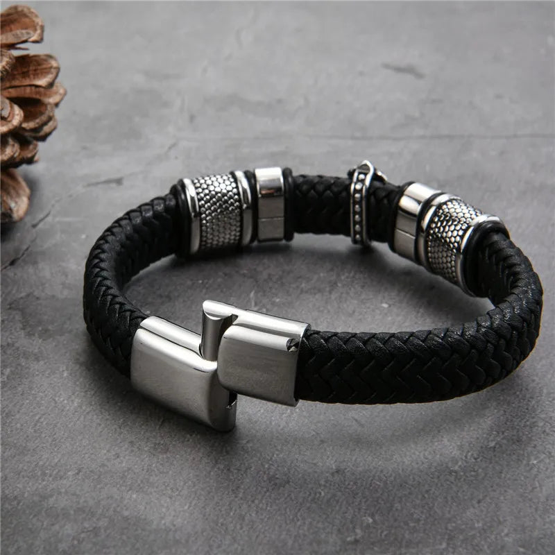 MKENDN Punk Style Stainless Steel Cross Leather Bracelet Men Charm 16 Strand Woven Leather Bracelet Magnet Clasp Boyfriend Gifts