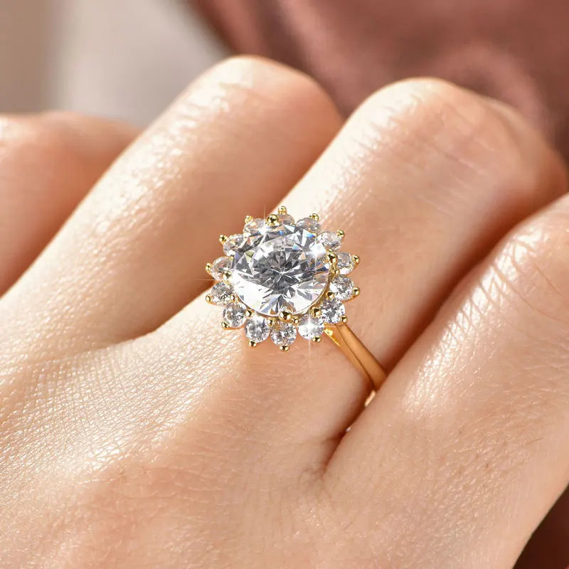 Rrjzz 9MM CZ Lab Diamond Sunshine Flower Ring 5A Cubic Zirconia Sunflower Ring for Women Valentine's Day Birthday Jewelry Gifts