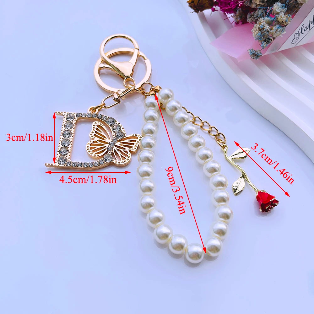 Exquisite Initial A-Z 26 Butterfly Capital Letters Red Rose Keyring Crystal Resin Pearl Beaded Keychain Bag Pendant Women Gift