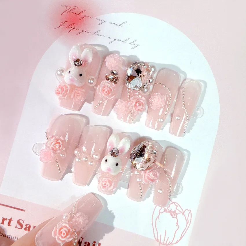 24Pcs+tools sea blue fake nails 3D moon rhinestones press on nails long coffin wearable false nail full cover luxury nails patch