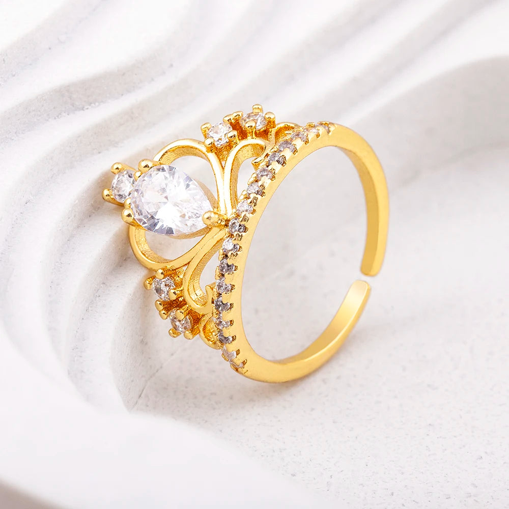Nidin New Design Crown-Shaped Hollow Inlaid Shiny Rhinestone Open Ring Women Temperament Zircon Adjustable Jewelry Wedding Gift