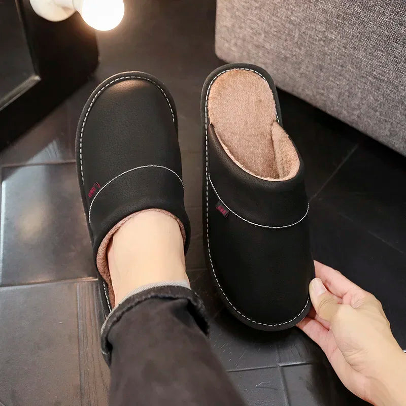Men's New Cotton Slippers Home Waterproof Non-slip Warm Winter Slippers Baotou Bedroom Leather Slippers