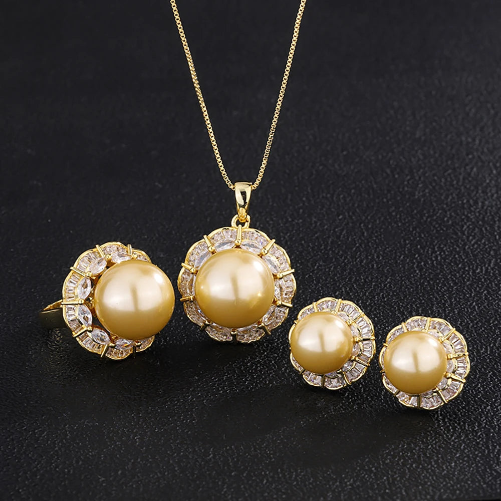 Luxury 12-16mm Pale Gold Color Pearl Lab Diamond Pendant Necklace Ring Earrings Women Party Jewelry Sets Elegant Birthday Gift