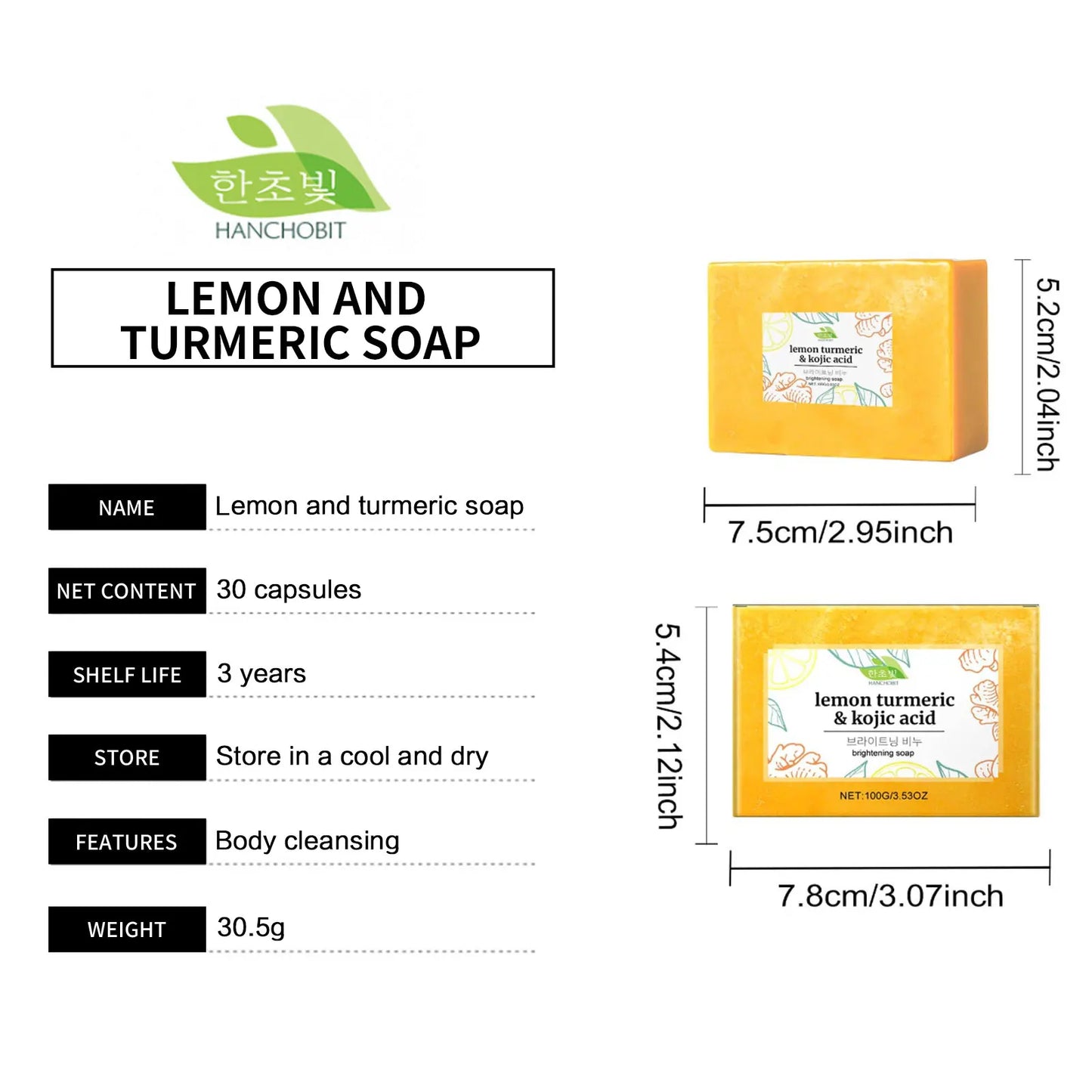 Hanchobit Lemon Turmeric Kojic Acid Soap Clean Skin Lightening Pore Shrinking Natural Organic Turmeric Kojic Brightening Soap
