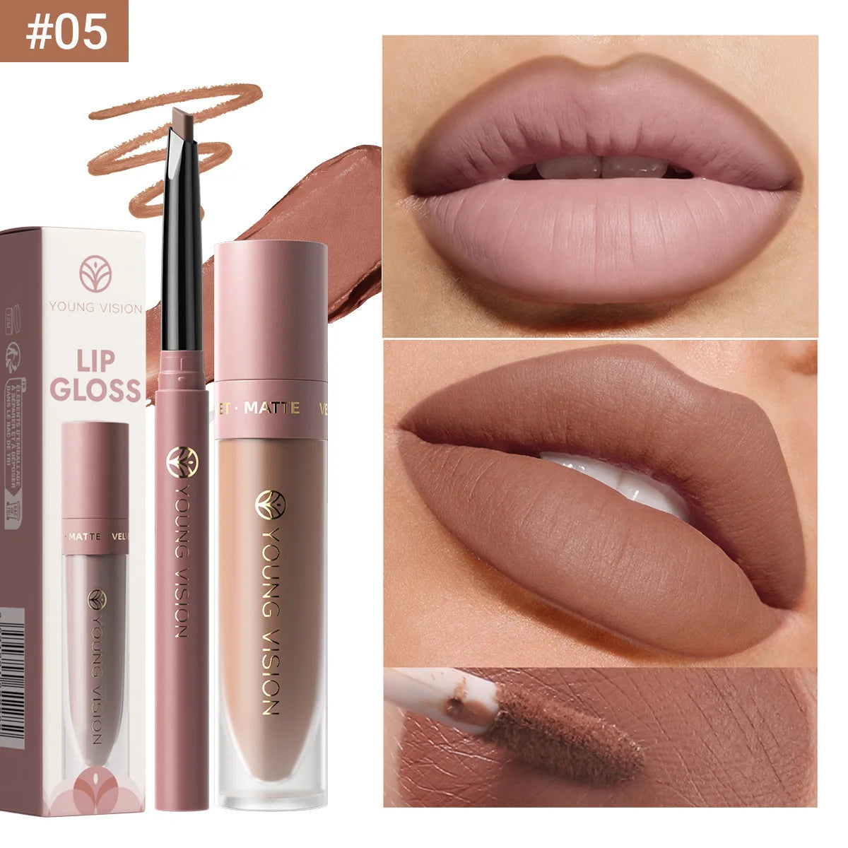 2Pcs Lip Gloss and Lip Liner Set, Matte Finish Non-Stick Cup Long-Lasting Lip Color and Liner Combo, Perfect for Defined Lips