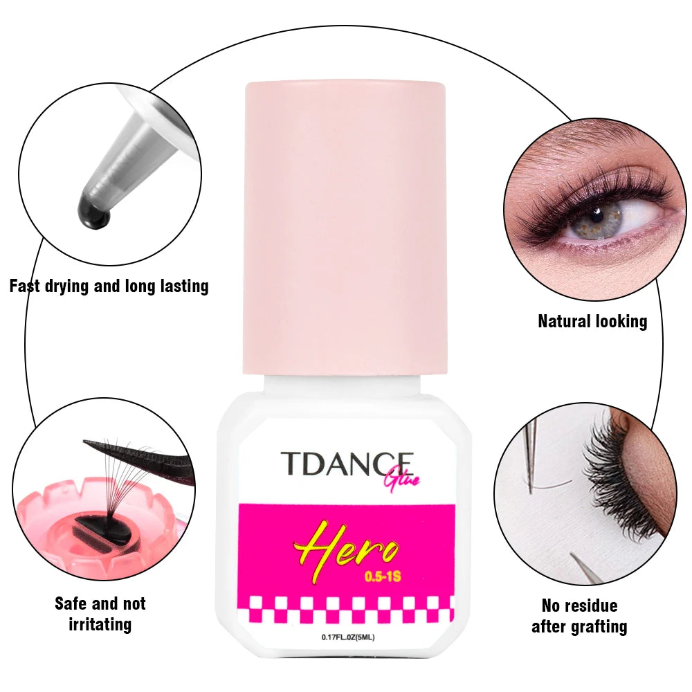 TDANCE Hero Glue 5ml 0.5-1 Second Fast Dry Eyelash Extension Adhesive Retention Extra Long Lasting Strong Low Smell Lash Glue