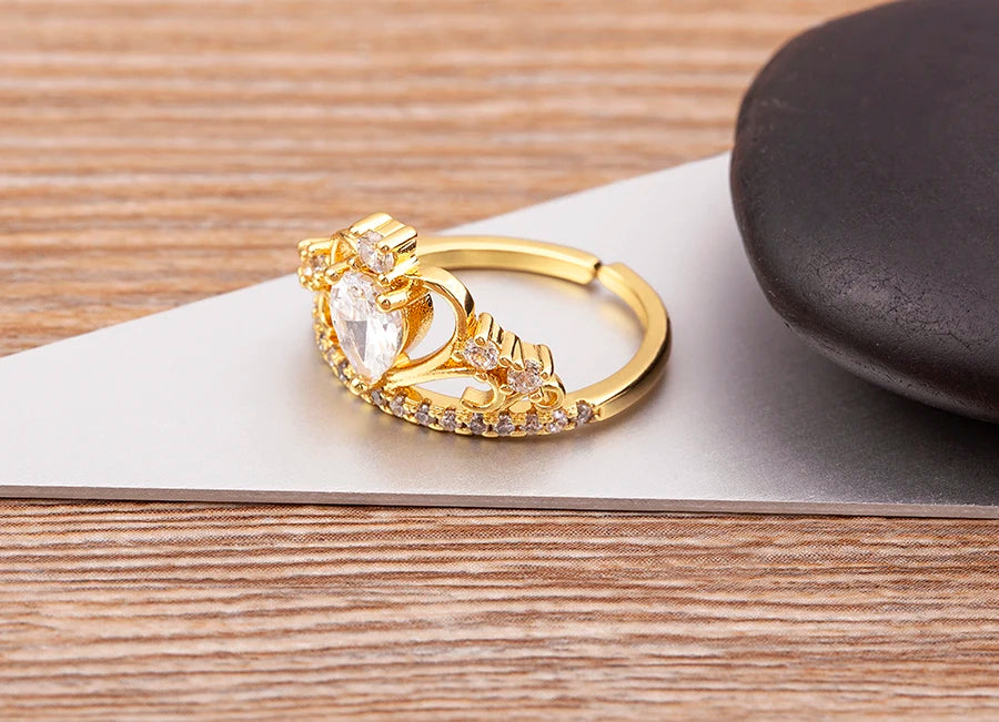 Nidin New Design Crown-Shaped Hollow Inlaid Shiny Rhinestone Open Ring Women Temperament Zircon Adjustable Jewelry Wedding Gift