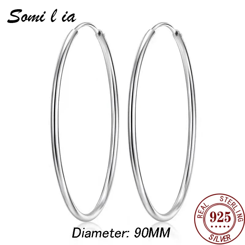 SOMILIA 925 Sterling Silver Platinum Big Hoop Earrings for Women Real Money Jewelry Female Fashion Womens Fine Earrings 10-90mm