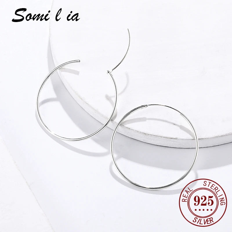 SOMILIA 925 Sterling Silver Platinum Big Hoop Earrings for Women Real Money Jewelry Female Fashion Womens Fine Earrings 10-90mm