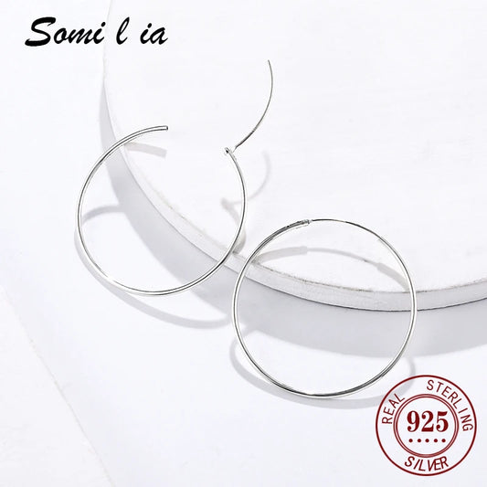 SOMILIA 925 Sterling Silver Platinum Big Hoop Earrings for Women Real Money Jewelry Female Fashion Womens Fine Earrings 10-90mm
