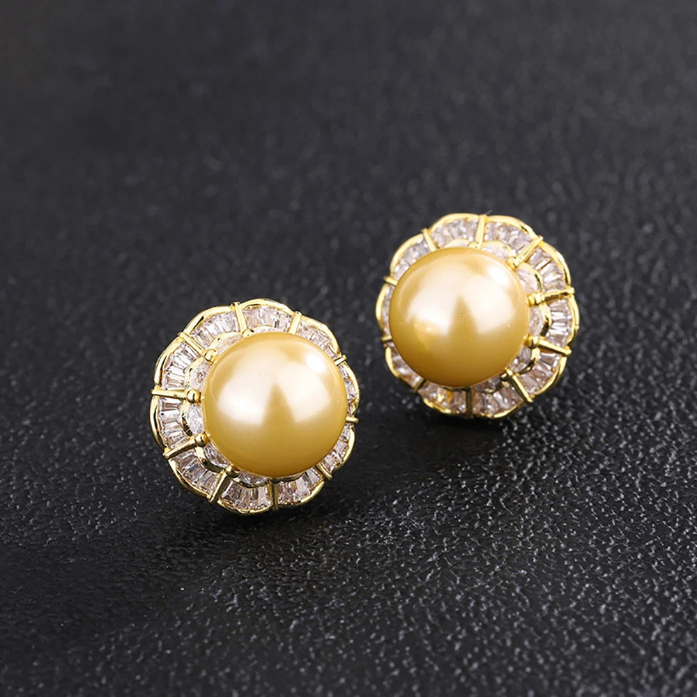 Luxury 12-16mm Pale Gold Color Pearl Lab Diamond Pendant Necklace Ring Earrings Women Party Jewelry Sets Elegant Birthday Gift