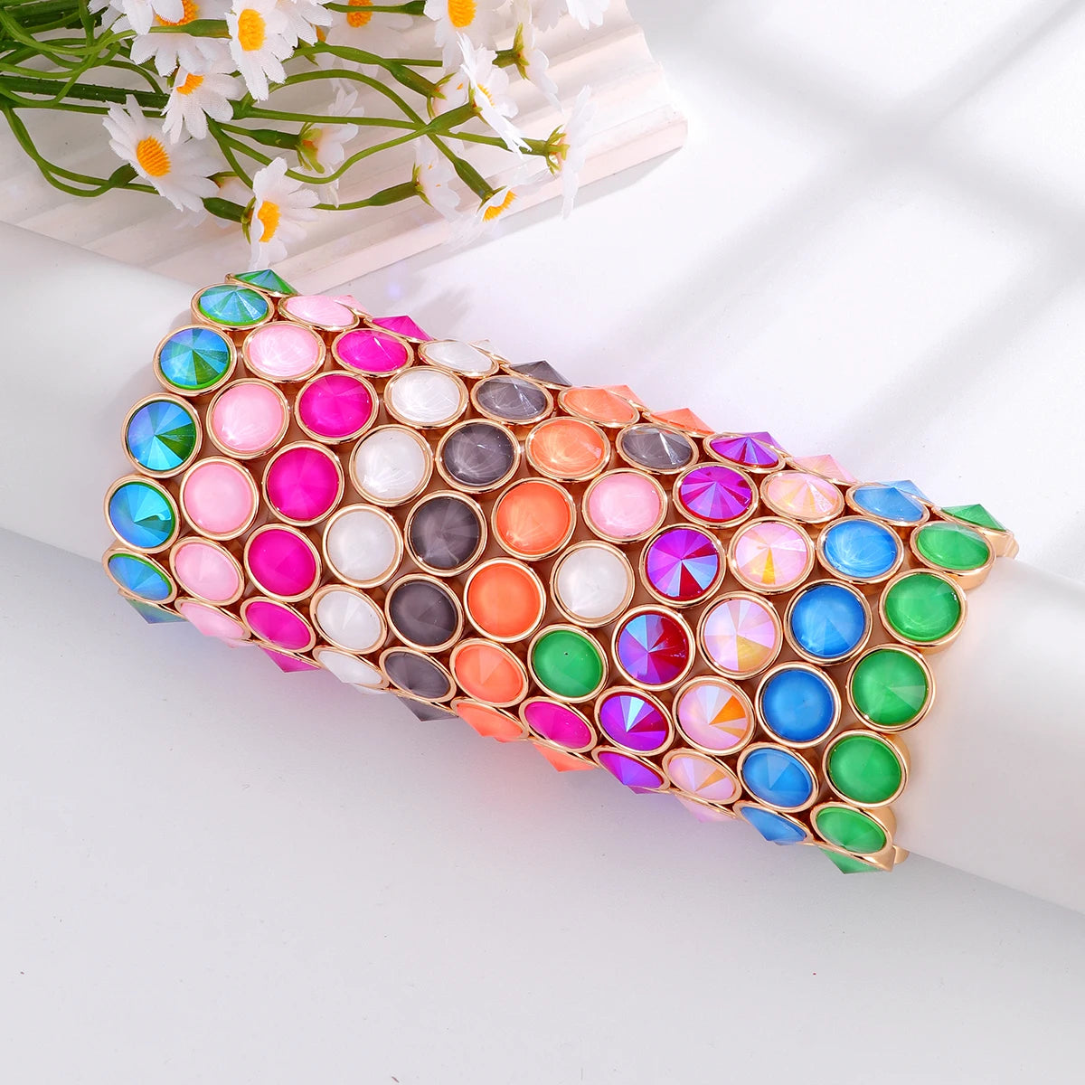 2026 New Design Gold Color Bracelets For Women Inlaid Colorful Glass Crystal Beads Elastic Bangle Candy Color Jewelry