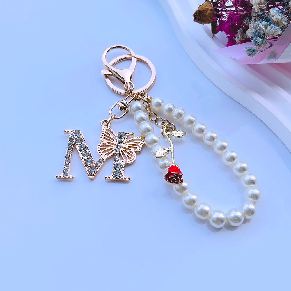 Exquisite Initial A-Z 26 Butterfly Capital Letters Red Rose Keyring Crystal Resin Pearl Beaded Keychain Bag Pendant Women Gift