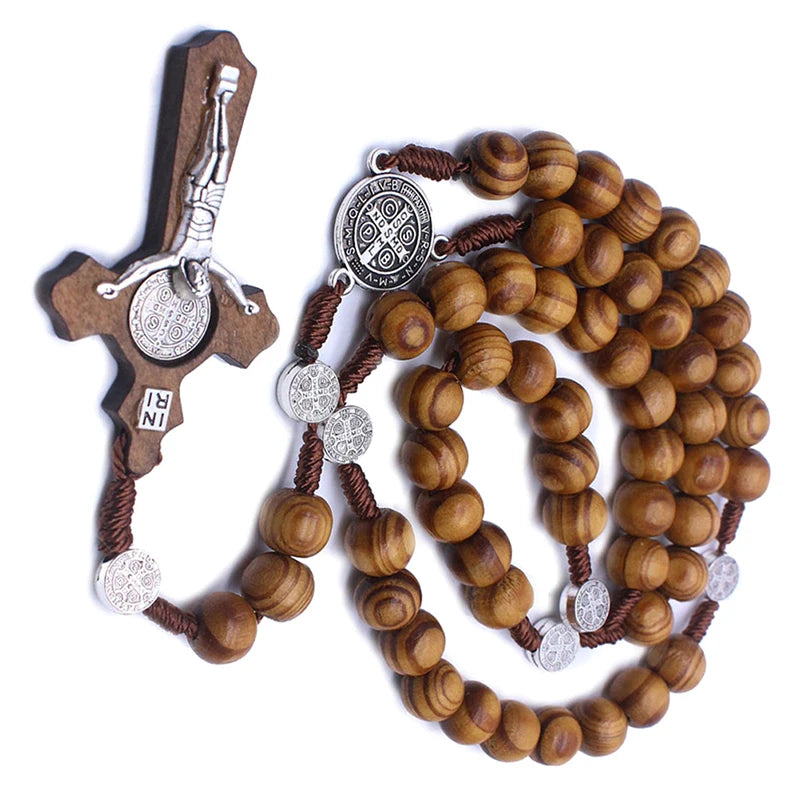 Fashion Handmade Round Bead Catholic Rosary Cross Religious Wood Beads Men Necklace Charm Gift