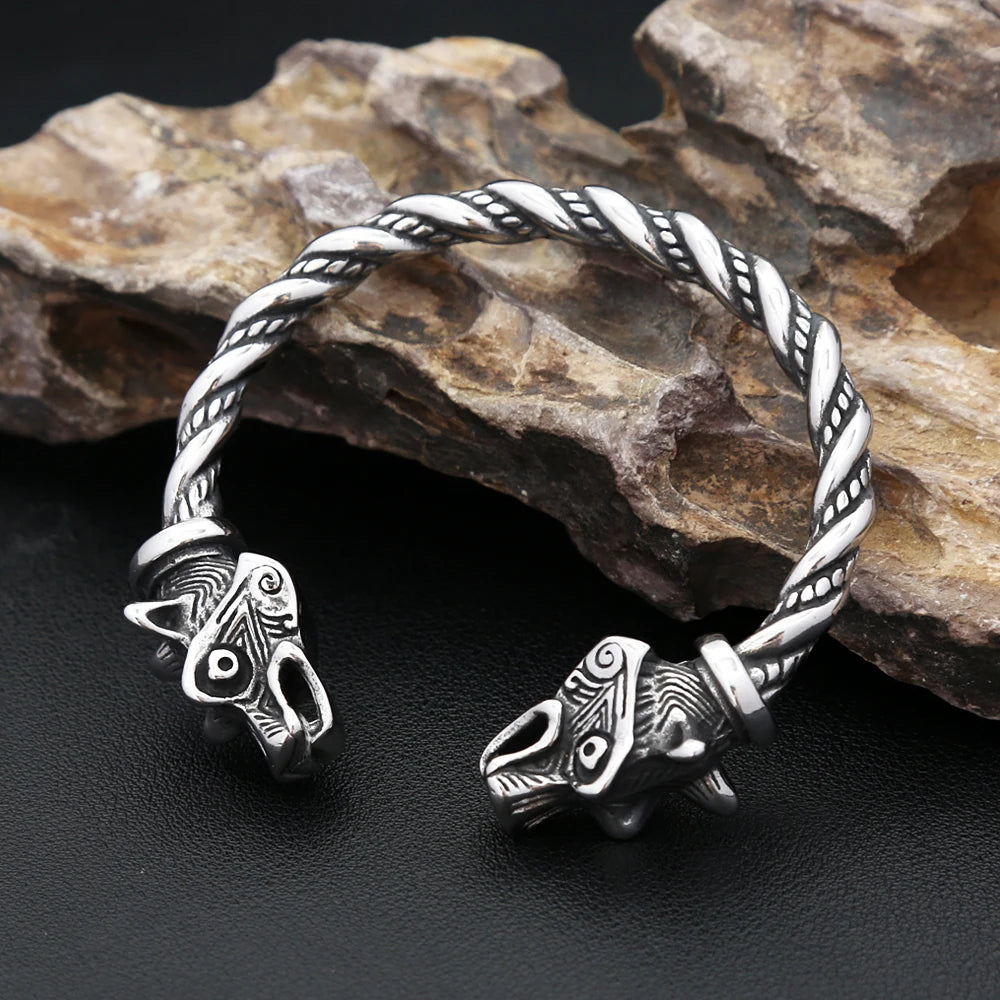 Nordic Viking Stainless Steel Wolf Head Bracelet For Men Women Vintage Fashion Animal Cuff Bangles Biker Jewelry Gifts Wholesale