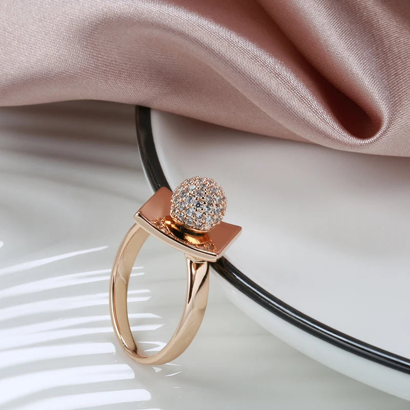 Kinel New 585 Rose Gold Unusual Rings For Women Micro Wax Inlay Spherical Natural Zircon Rings Wedding Trend Wedding Jewelry