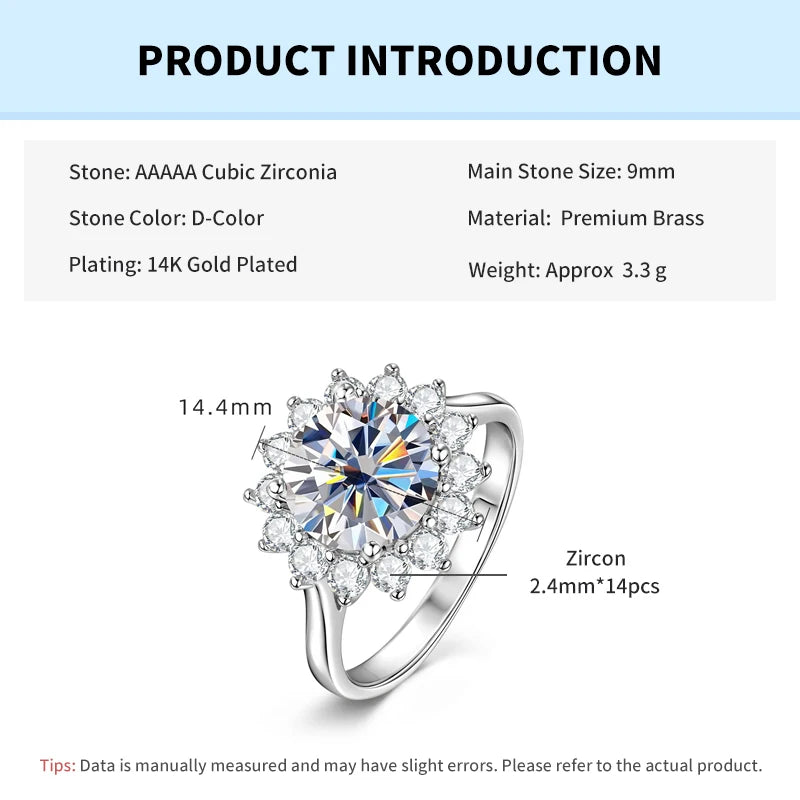 Rrjzz 9MM CZ Lab Diamond Sunshine Flower Ring 5A Cubic Zirconia Sunflower Ring for Women Valentine's Day Birthday Jewelry Gifts