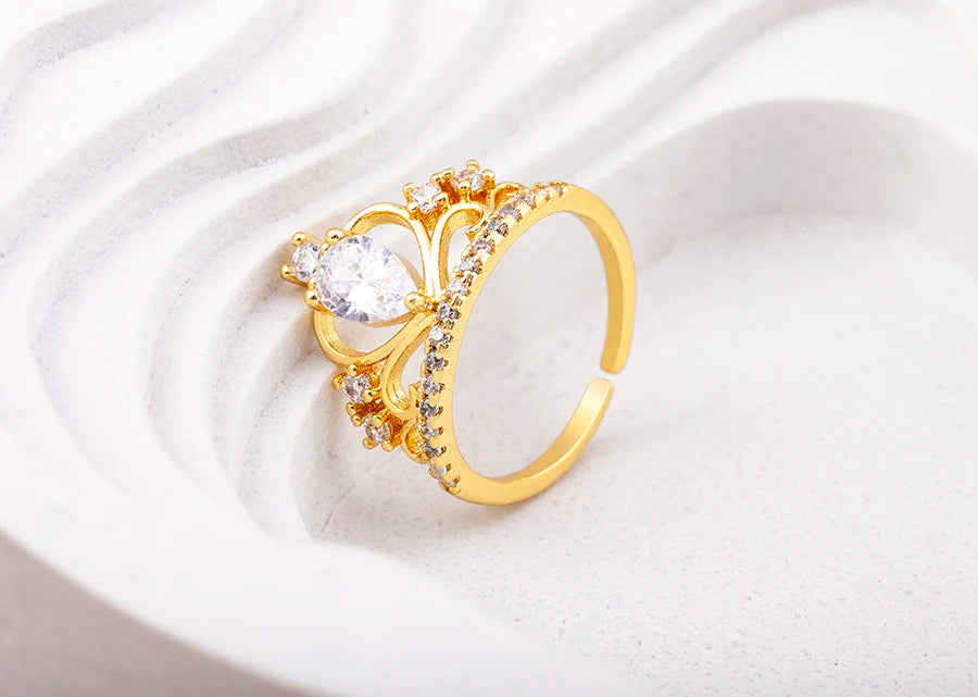 Nidin New Design Crown-Shaped Hollow Inlaid Shiny Rhinestone Open Ring Women Temperament Zircon Adjustable Jewelry Wedding Gift