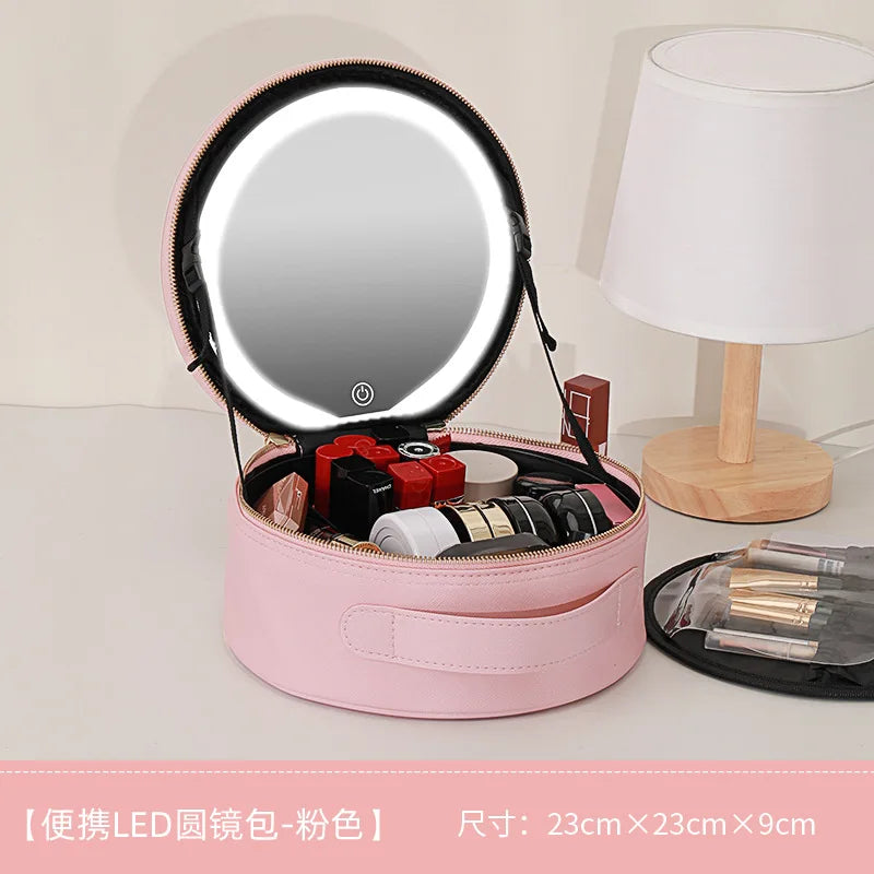 Travel PUMakeup Bag With Led Mirror, Portable Cosmetic Bag With Mirror And Light, Travel Rechargeable Makeup Bag With Led Lights
